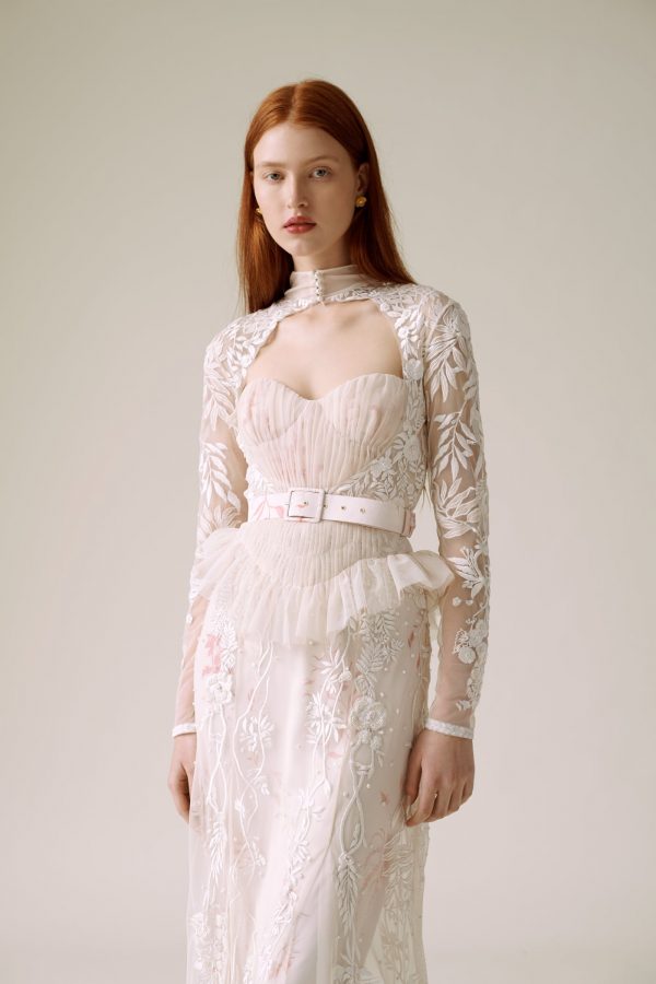 Hand Pleated Rosewater Tulle Bustier Gown With Embroidered Wisteria Skirt, Wisteria Open Heart Bodice and Sunkiss Bougainvillea Column Gown | Hermione de Paula Bridal Boutique